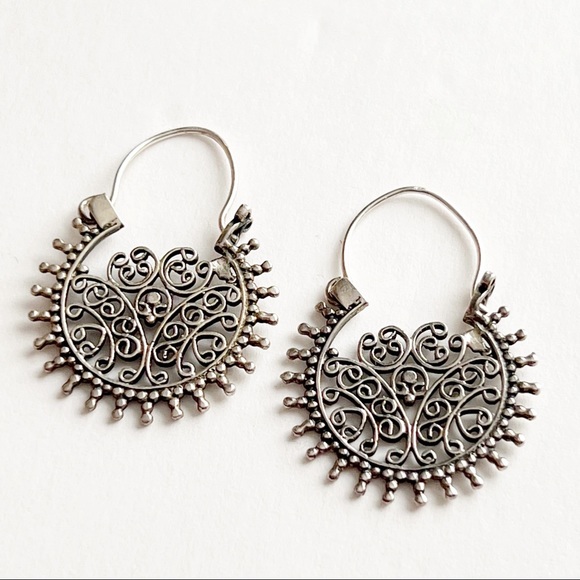 Sterling Silver Bohemian Hoop Earrings India Scroll Design - Picture 4 of 9
